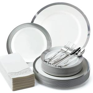 By Madee HEAVYWEIGHT 175 Pc White and Silver Disposable Plates and Utensils Set with Glam Napkins  Fancy Plastic Dinnerware Sets for Weddings, Bridal Showers Any, Special Occasions (25 Guests)