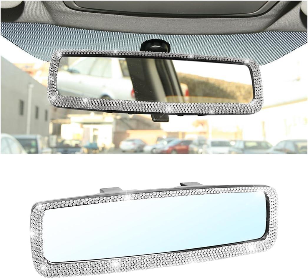 Bling Car Rearview Mirror, Decorations Rear View Mirror with Crystal Rhinestones & Diamonds, Car Interior Trim Accessories, Clip-on & HD Glass, Sparkly Gift for Mother Women Girls (Silver)