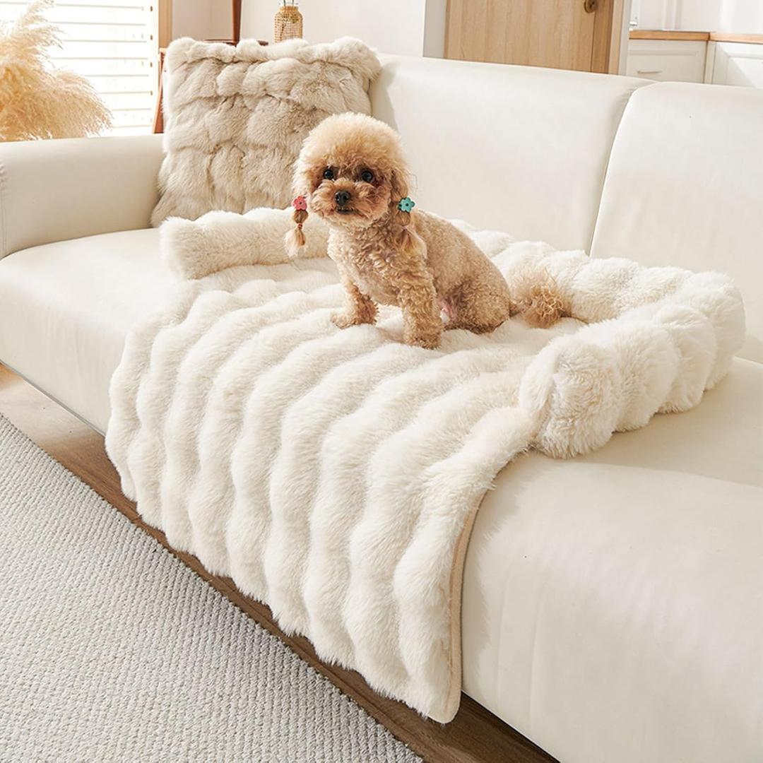 Calming Dog Bed for Couch, 29.5 x 29.5 inch, Non-Slip Luxurious Dog Sofa Mat for Furniture Protector, Perfect for Small, Medium Dogs and Cats (Off-White)