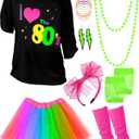 Blulu 80s Costume Accessories Outfit Set for Women T-shirt Tutu Skirt Leg Warmers Headband Earring Necklace Fishnet Gloves (Small, Black With Rainbow)