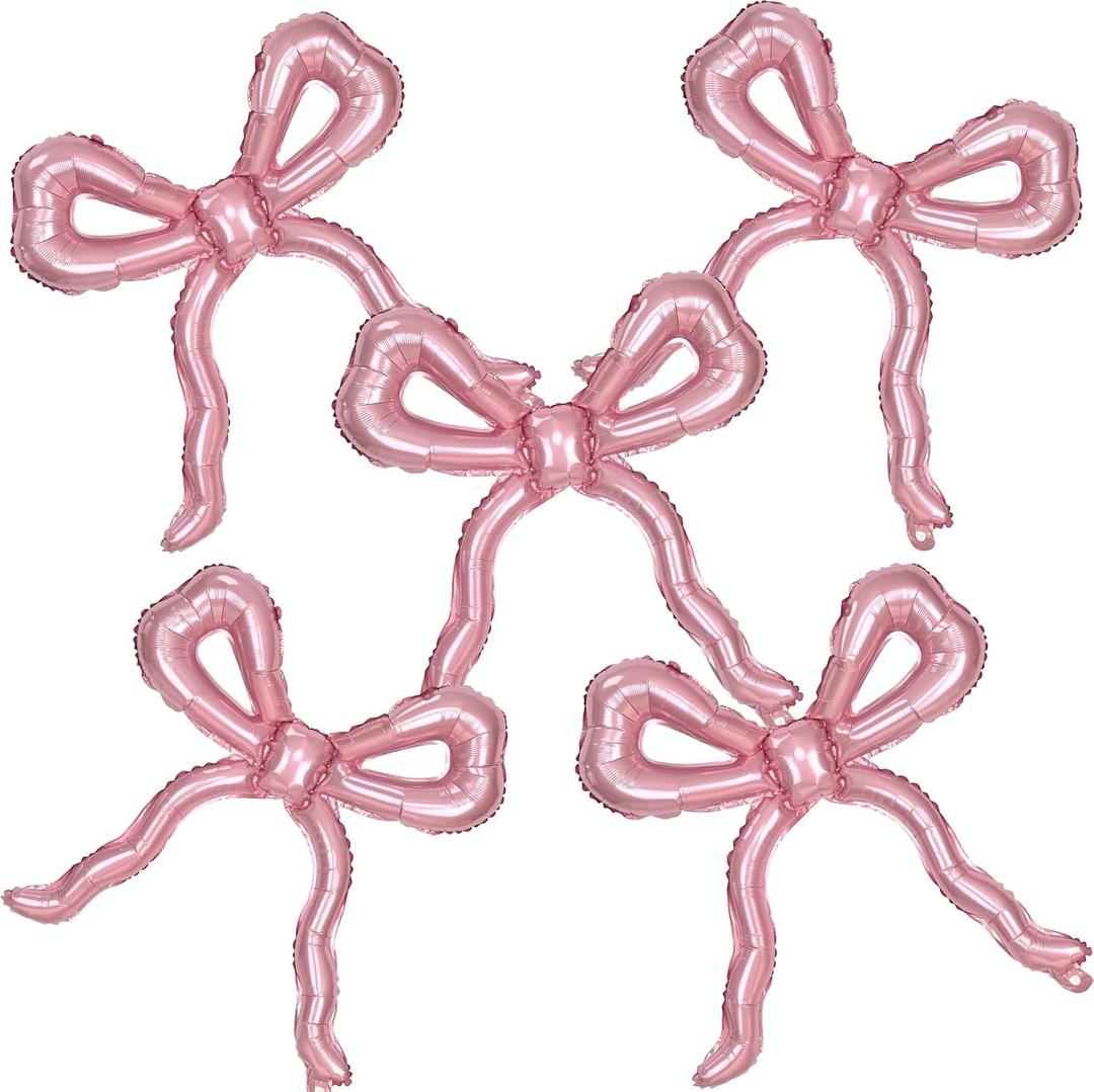 5pcs Light Pink Bow Balloons Coquette Birthday Decorations, Giant Pearl Baby Pink Bow Foil Mylar Balloon for Girls Women Bow Themed Party Decor Baby Shower Bridal Wedding Bachelorette Party Supplies