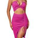 2 Piece Skirt Sets for Women Going Out Outfits Sexy Summer Cut Out Halter Crop Tops Bodycon Midi Slit Ruched Skirt(Rose Red,L)