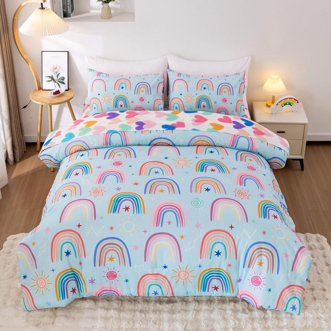 Btargot Lightweight Soft 3 Piece Rainbow Comforter Set with 2 Pillow Covers, Cartoon Love Hearts Suns and Stars Bedding Set for Girls Boys Kids, Twin Light Blue