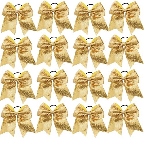 16 PCS Large Glitter Cheer Hair Bows, Shiny Cheerleading Bows Ponytail Holder for Cheerleader Girls Softball Sports and Christmas Tree Decor (Gold)