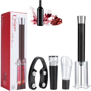 Wino on the Go Air Pump Wine Opener Set - Aluminum Head Cork Remover with Wine Aerator Pourer Spout, Portable Wine Opening Kit with Vacuum Stopper, Durable Black Wine Accessories for Wine Lovers