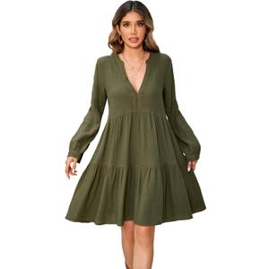 R.Vivimos Cotton Casual Dresses for Women Long Sleeve V Neck Tiered Flowy Mini Tunic Dress Large