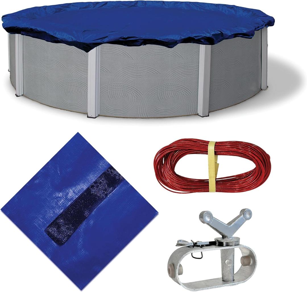 Blue Wave Gold 15-Year 28 ft Round Above Ground Pool Cover for Winter Durable & Weather-Resistant Polyethylene  4 ft Overlap, Black Underside, Reinforced Grommets, Winch, Cable  Royal Blue