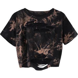 Hilinker Women Tie Dye Crop Tops Distressed Ripped Short Sleeve Casual Summer Tee Shirts Black Brown Tie Dye Medium (Brown, M)
