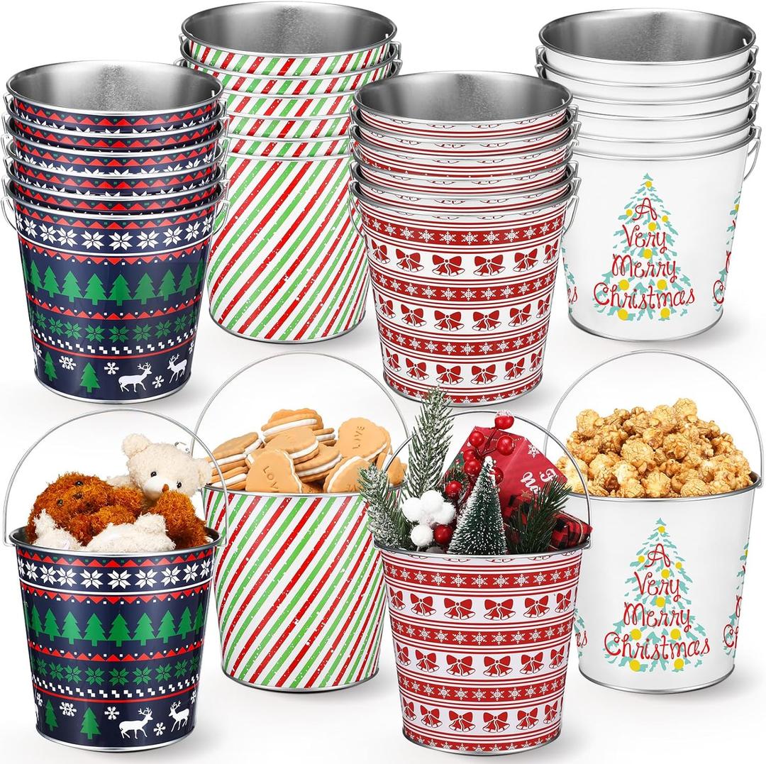 Sliner 24 Pcs 6.2" x 5.8" Large Christmas Metal Buckets Bulk Xmas Galvanized Metal Buckets with Handle Christmas Decorative Gift Bucket for Cookies Candy Snack Christmas Party Favors