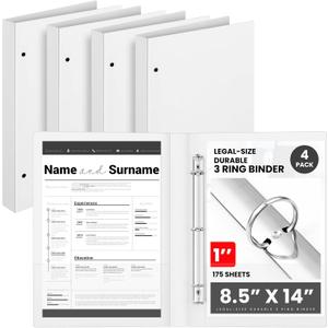 Henoyso 4 Pcs Legal Size Binder 3 Ring 1" Durable White Binders for 8.5" x 14" Paper Hold up to 175 Sheets for Documents Artwork Blueprints, Office, Home, Work Places