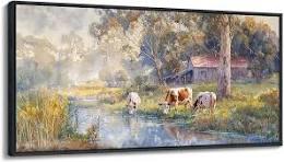 JEAWA Framed Canvas Wall Art - 20x40 IN Watercolor Landscape Painting Ready to Hang, Country Picture with Wooden House and Green Trees, Cow Art Prints for Bedroom Bathroom Home Decoration