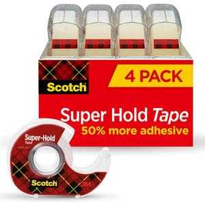 Scotch Super Hold, Transparent, Clear Glossy Finish, 4 Tape Rolls with Dispenser, Tape Rolls for Home Office and School, 3/4 in. x 650 in.
