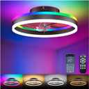 RGB Ceiling Fan with Lights, Low Profile Ceiling Fans with Lights and Remote, Flush Mount LED Fan Light, Modern Bladeless Fandelier for Bedroom Works with APP, 16IN Black