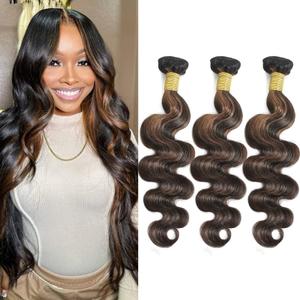 Brown Highlight Body Wave Human Hair Bundles 16 18 20 Inch Light Brown 3 Bundles Brazilian Remy Sew in Hair Weave for Black Women 300g/Pack (Black and Light BrownP1B/30)
