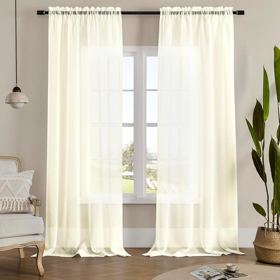 MYSTIC-HOME Sheer Curtains 95 Inches Long, Window Treatments Rod Pocket Drapes for Living Room, Bedroom, Semi Crinkle Voile Curtain Panels for Yard, Villa, Parlor, Set of 2, 52"x95", Beige