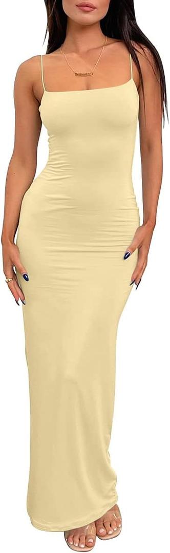 LILLUSORY Womens Summer Casual Slip Dresses Spaghetti Strap Double Lined Bodycon Maxi Dress (Small, Champagne)