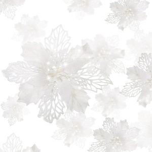 WILLBOND 36 Pieces White Christmas Poinsettia Flowers with Clips Glitter Christmas Tree Ornaments for Tree Artificial Poinsettia Flowers for Xmas Trees Wreath New Year Decoration