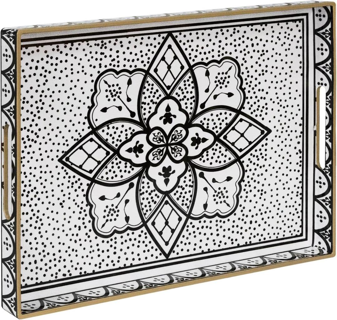 MAONAME Plastic Serving Tray with Handles, Modern Black Tray for Coffee Table, Rectangular Trays with Flower Pattern, Decorative Trays for Ottoman, 15.8" Lx 11.8" W X 1.6" H