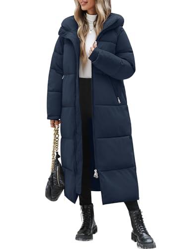 Jyanl Women Long Winter Puffer Coat Quilted Jacket Winter Warm Hooded Maxi Length Parka Padded Down Zip Thick Outerwear with Side Zipper Slits (Navy Blue, XXL)