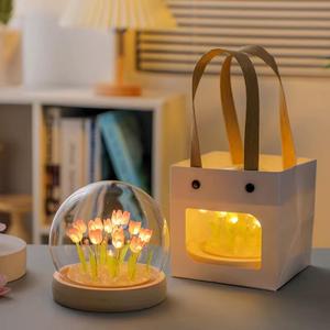 Tulip Night Light Lamp  16 LED Flowers in Glass Dome with Wooden Base, Decorative Desk Lamp, Gift for Women, Batteries and Gift Bag Included