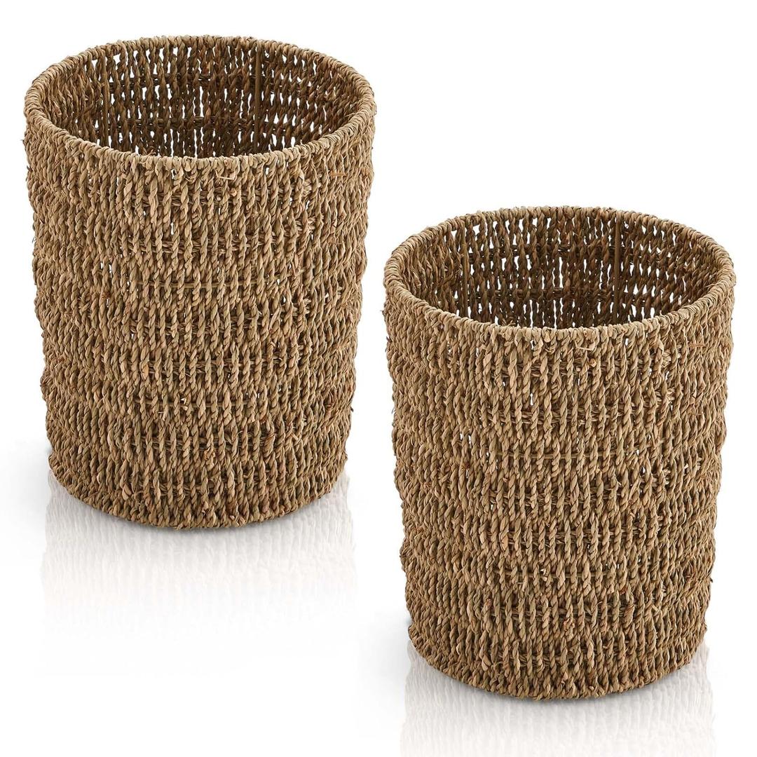 Havawish 2 Pcs Seagrass Wicker Waste Basket Handwoven Woven Trash Can 1.8 Gallons Boho Wicker Wastebasket Round Natural Wastebasket Garbage Bin for Bedroom Offices Home Decoration, Natural Color