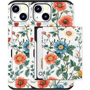 Compatible for iPhone 15 Case with Card Holder Cute - Kawaii Design Military-Grade Drop Protection Rugged Wallet Cases for Women (White Painting Botanical Flower)