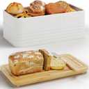 Bread Box for Kitchen Countertop,Metal Bread Storage Bin with Bamboo Cutting Board Lid, Includes Bread Knife, Fits Sourdough & Buns, Stylish Organize (White)