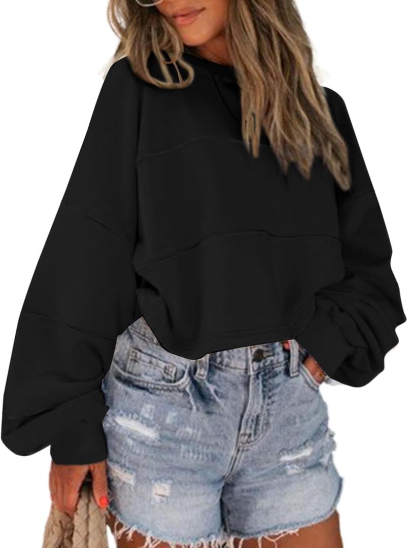 Avanova Women Color Block Striped Cropped Sweatshirt Oversized Crewneck Pullover (X-Large, Black)