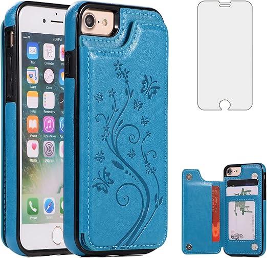 Phone Case for iPhone SE 2020/7/8 with Tempered Glass Screen Protector Card Holder Wallet Cover Stand Flip Leather Cell iPhoneSE2020 iPhone7 iPhone8 i Phones8 i7 i8 7s 8s Cases Women Girls Men Blue
