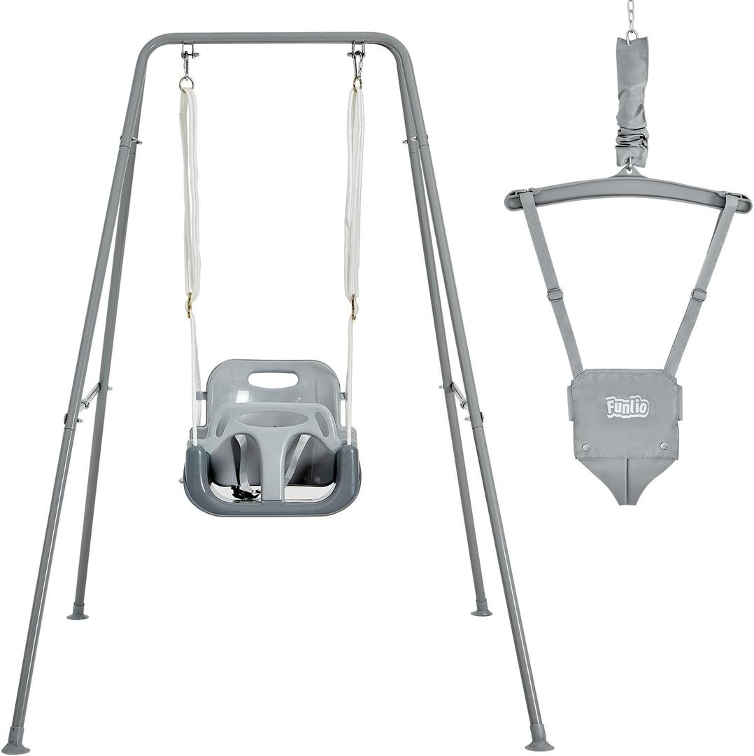 FUNLIO 2 in 1 Swing Set for Toddler & Baby Jumper, Heavy Duty Kids Swing & Bouncer with 4 Sandbags, Foldable Metal Stand for Indoor/Outdoor Play, Easy to Assemble and Store - Grey