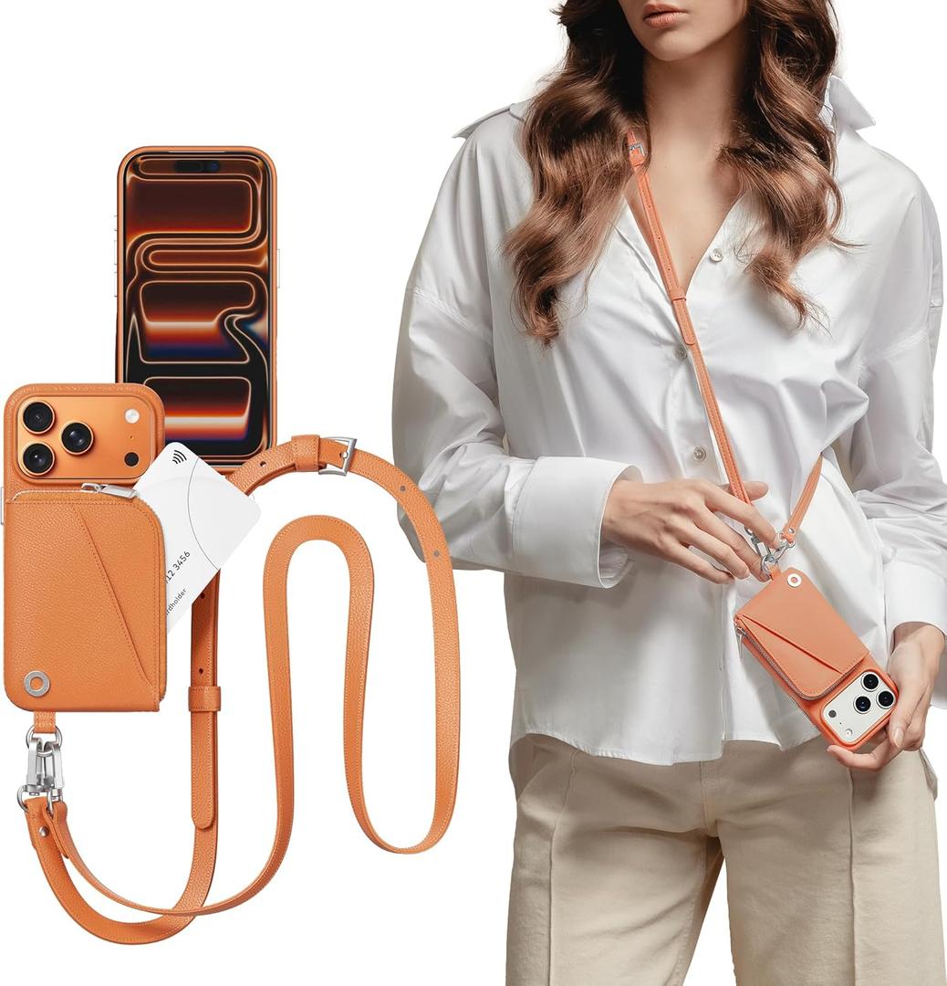 MAGEASY Compatible with iPhone 17 Pro 6.3" Wallet Case with Crossbody Strap - Coin Purse & Card Slot, with Leather Crossbody Lanyard, 16ft Ultimate Drop Protection | Pouch (Coral)