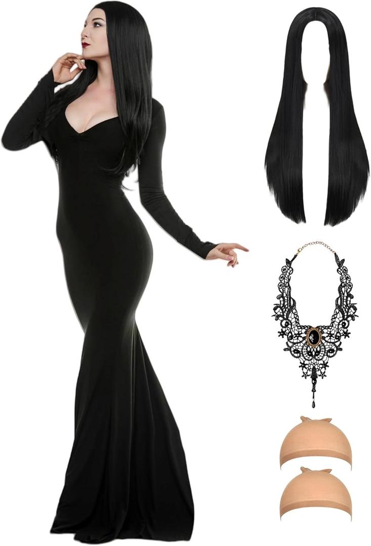 Oumbivil Adult Black Dress for Goth Costume Women Family Party Dress Up with Wig Necklace for Vampire Witch Costumes (X-Large)