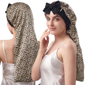 YFONG Double-Layered 100% Pure Mulberry Silk Bonnet for Long Hair, 22 Momme Hair Bonnet for Sleeping with Elastic Tie Band, Real Silk Sleep Cap for Women Long Curly, Leopard