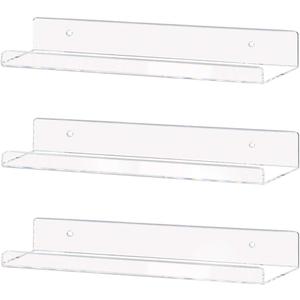 Weiai Clear Acrylic Shelf 15" Invisible Floating Wall Ledge Bookshelf, Kids Book Display Shelves Wall Mounted (15 Inch 3Pack)