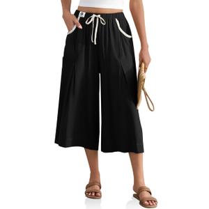 TARSE Linen Capri Pants for Women Drawstring Waist Loose Fit Casual Wide Leg Summer Beach Vacation Lounge Pants(Black,S) (Black, S)