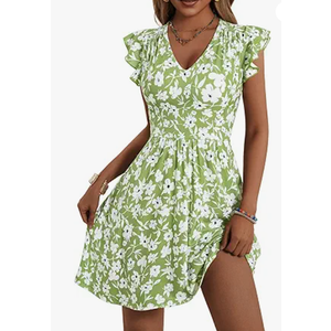 HUHOT Women's Summer Casual Sundresses with Pocket V Neck Spring Floral Mini Beach Vacation Dress 2025 (X-Large, Green Floral)