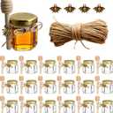 Adabocute Mini Honey Jars - Hexagon Little Glass Honey Jar with Gold Lids, Wooden Dippers, Bee Charms and Jutes - Small Honey Jars for Baby Showers, 20Pack