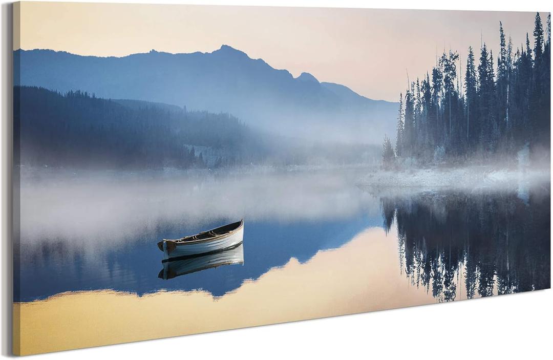 Lake Canvas Wall Art Decor: Nature Scene Picture Forest Mountain Scenery Print Boat Misty Landscape Scenic Artwork Painting for Bedroom Living Room Office Decorations 48 x 24 Inches