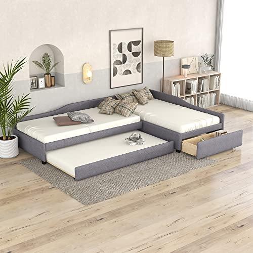 Merax Double Twin Size Upholstered Daybed with Trundle and Storage Drawer, Gray Wood Bed Frame for Teens