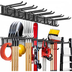 Garage Tool Organizer Wall Mount, 48inch Heavy-Duty Garage Storage System and Garden Tool Organizer with 6 Adjustable Double Hooks for Shovel, Snowboard, Yard Tools and Shed