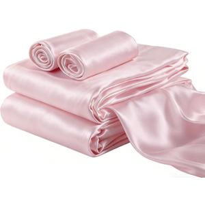 4 Piece Satin Silky Sheet Set Full Size, Refreshing Cool Touch Smooth Hair & Skin Friendly Lightweight Summer Hot Sleeper, Pink