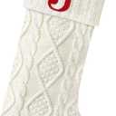 Senneny Christmas Stockings with Initials, 20 Large Embroidered Monogram Knitted Stockings for Family, Kids, Xmas Holiday Party Gifts & Decoration for Fireplace, White, Letter J