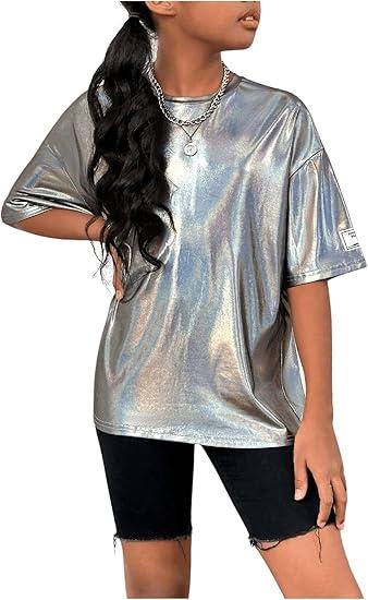 Girl's Metallic Oversized Tops Half Sleeve Crew Neck Loose Y2k T Shirts, Size S