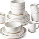 LE TAUCI Dinnerware Sets 16 PCS, Stoneware Plates and Bowls Set, House Warming Wedding Present, Serve for 4 (10" Dinner Plates + 8" Salad Dish + 28 oz Cereal Bowl+12oz coffee mugs) x 4, Arctic White