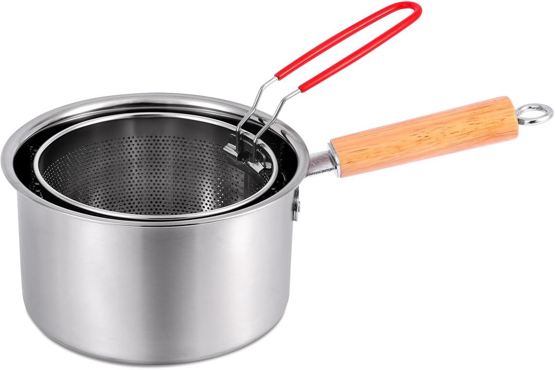 8-inch outer diameter, 5-inch high, 304 stainless steel multifunctional deep fryer with fryer basket, hot milk pot/used for cooking chicken wings, seafood, and French fries