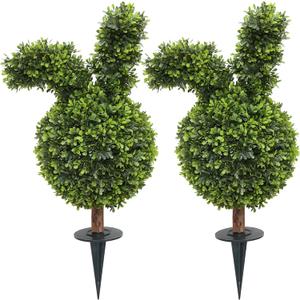 Damomo 27'' Artificial Bunny Shaped Topiary Trees with Ground Spike Set of 2, Outdoor Indoor Faux Boxwood Topiary Ball Bushes Potted Fake Shrubs Front Porch Decor Outside Garden