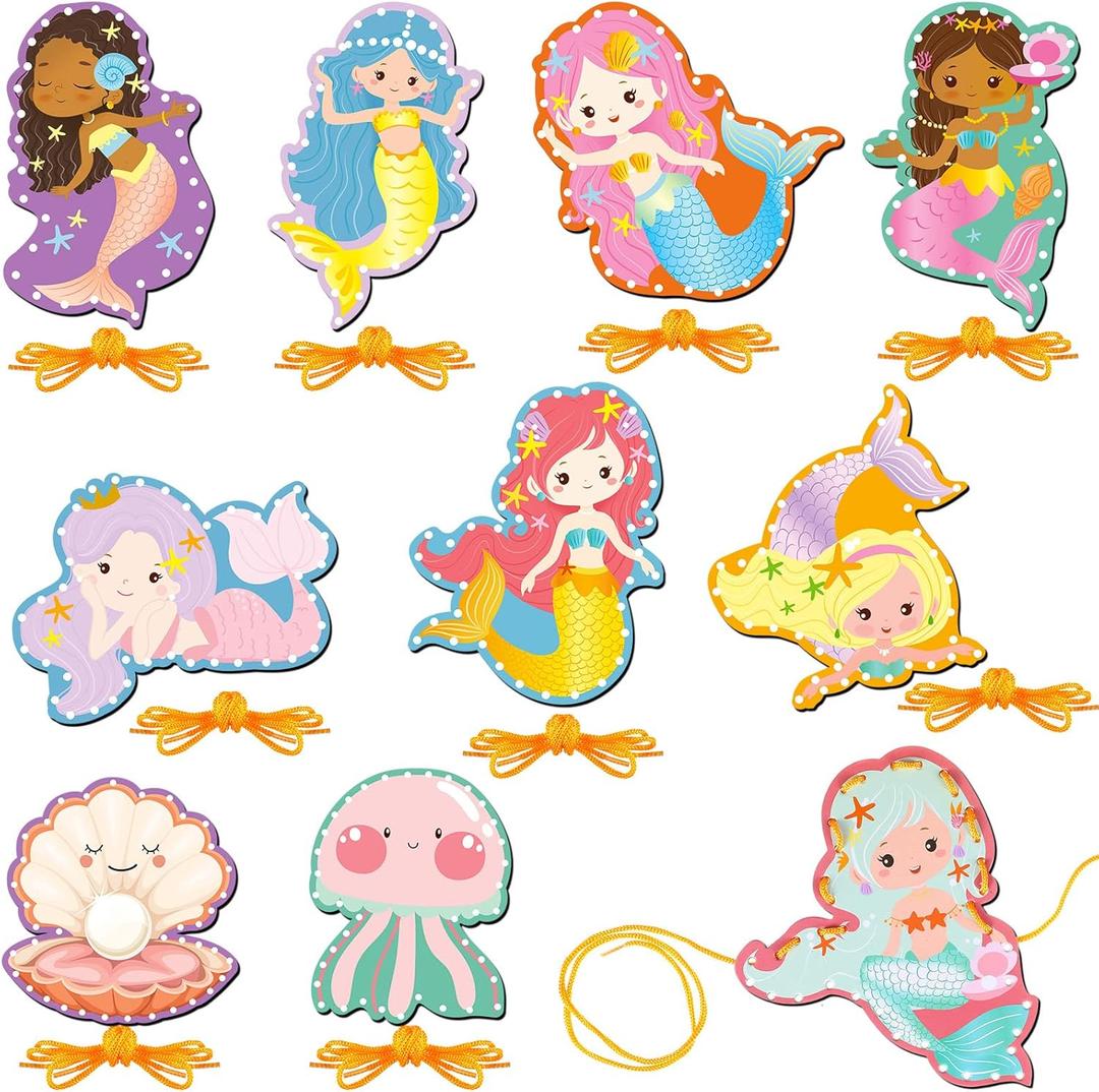 10 Pieces Kids Mermaid Lacing Cards Thick Cardboard Mermaid Sewing Cards Double Sided Lacing Playing Games for Children Toddler Developing Imagination Education Supplies