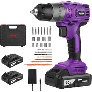 Purple Brushless Cordless Drill Set, 20V Compact Power Driver Kit with Electric Motor, 20+3 Torque Setting, 48 N.m, 2 Variable Speed, 23pcs Driver Bits, and Tool Box for Women Men Home DIY