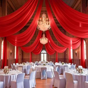 Wedding Ceiling Drapes Red 5x30FT 2 Panels Wedding Arch Draping Fabric Chiffon Curtain Drapes for Backdrop Sheer Ceiling Drapery for Wedding Ceremony Reception Banquet Ceiling Decorations