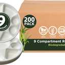 Rani 9 Compartment Round Biodegradable Divided Plates, Pack of 200 ~ Party, Thali, Buffet | Disposable & Eco-Friendly | Heavy-Duty Sturdy Paper Bagasse | Premium Quality | 12.44" Diameter 1.38" Height